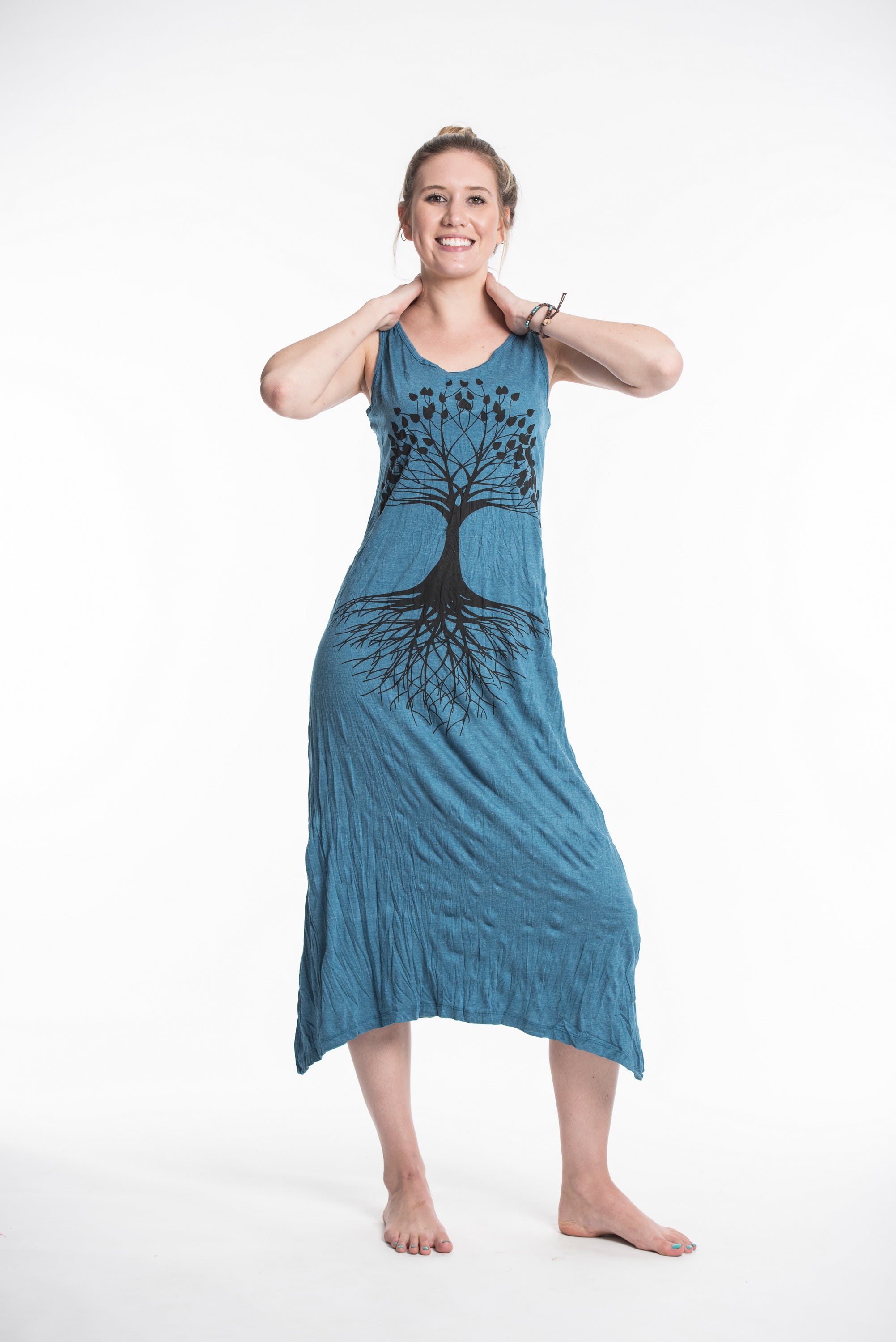 Sure Design Womens Tree Of Life Scoop Neck Tank Dress Denim Blue