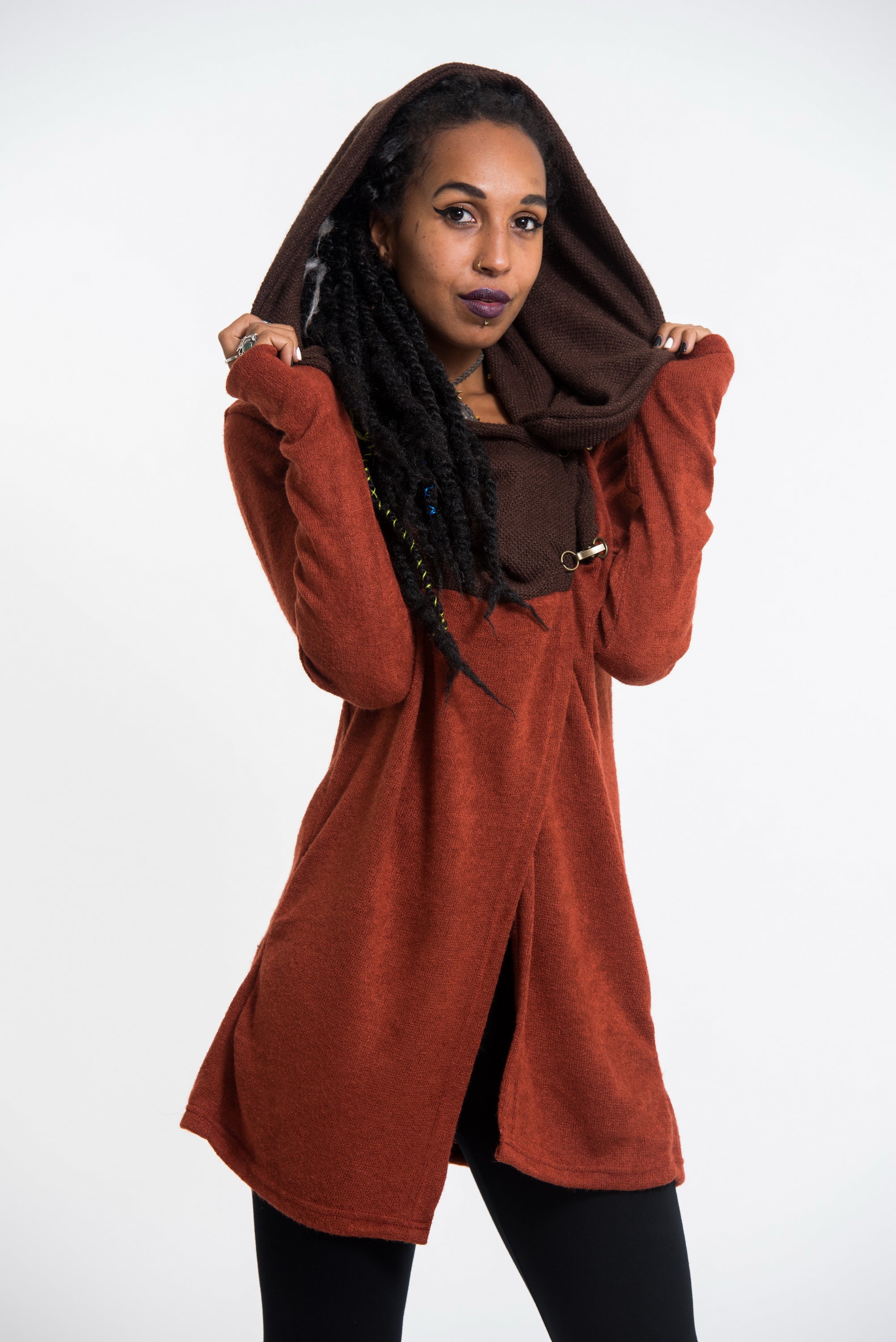 Hoodie Shawl Jacket with Metal Clasp in Brick