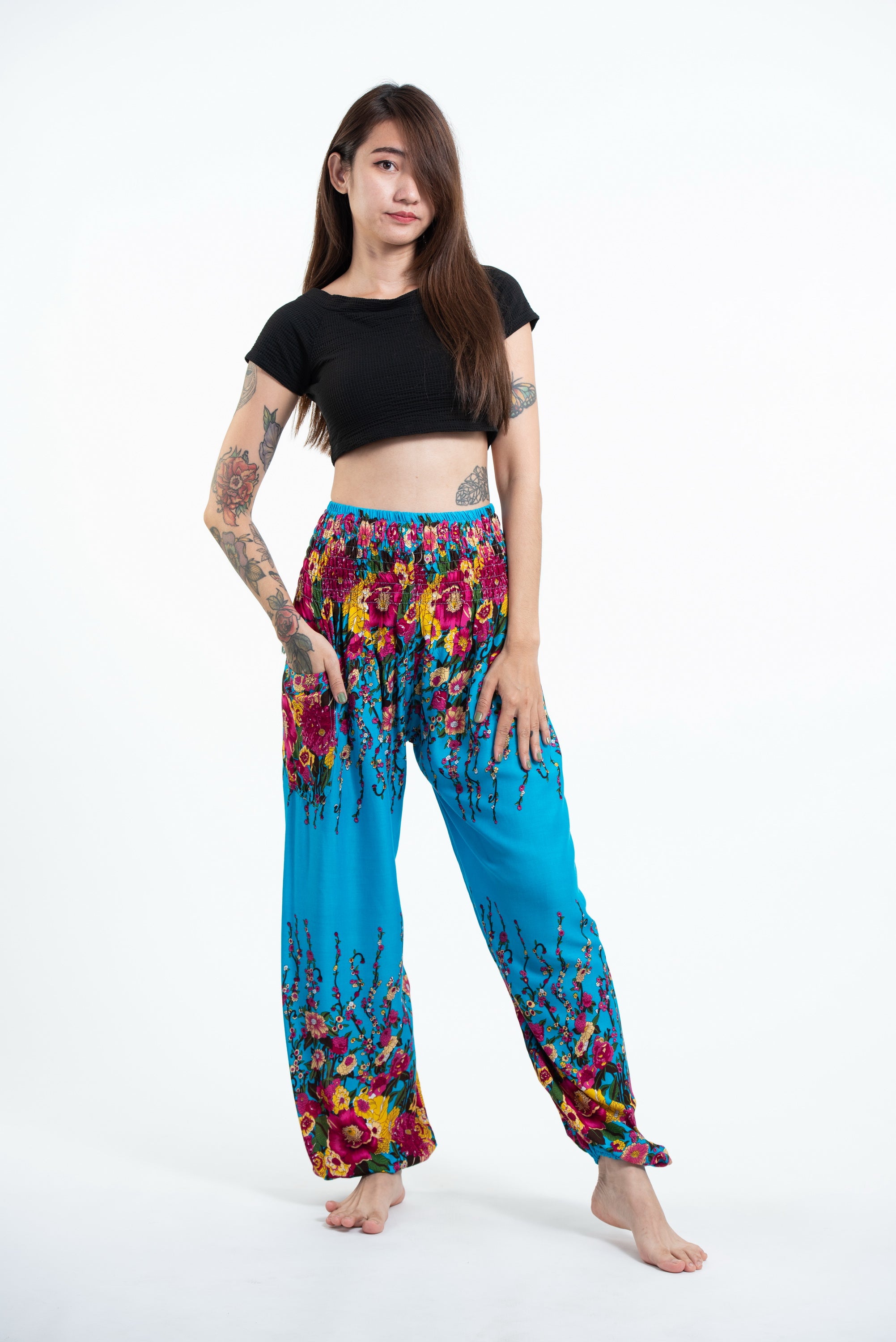 Floral Unisex Harem Pants in Ocean Blue
