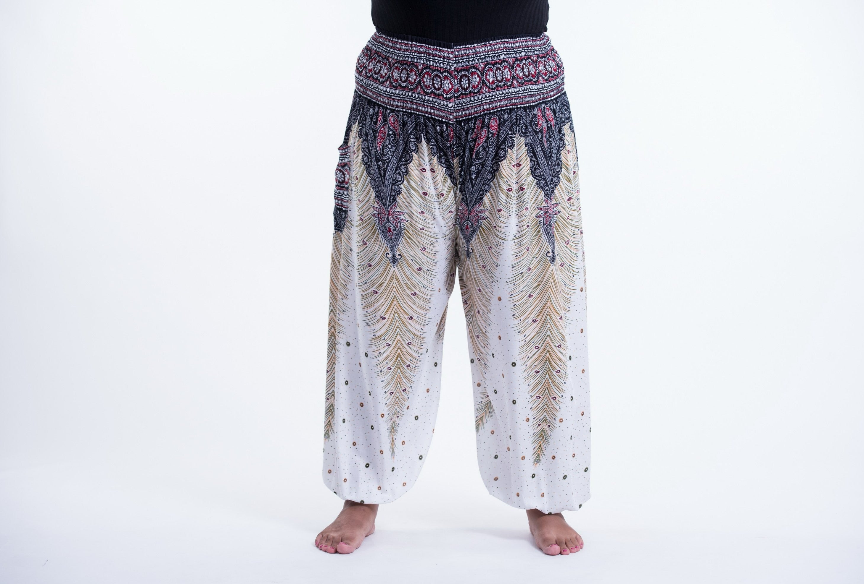 Plus Size Peacock Feathers Unisex Harem Pants in White
