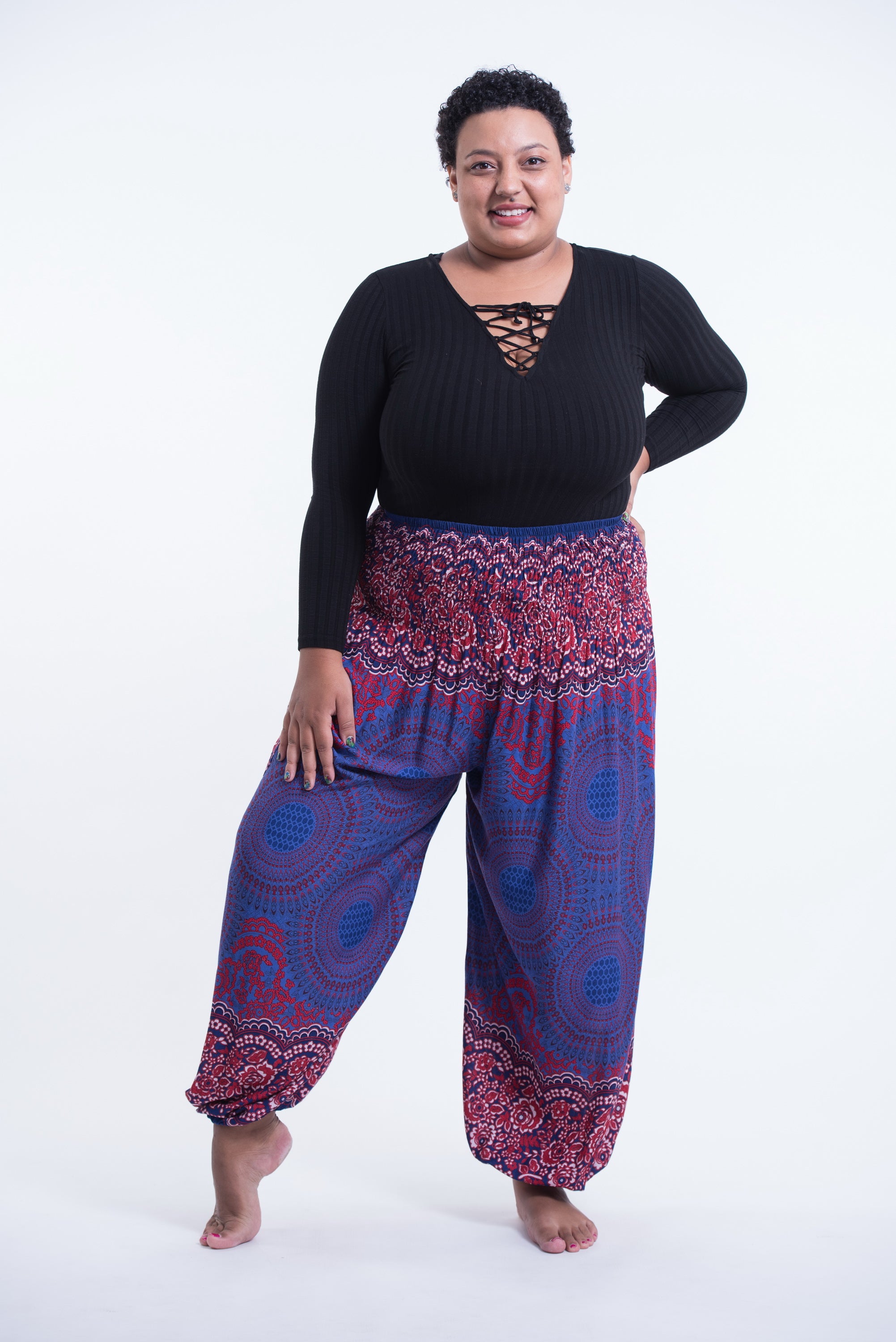 Plus Size Geometric Mandalas Unisex Harem Pants in Blue