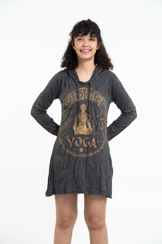 Sure Design Women's Yoga Stamp Hoodie Dress Gold on Black