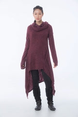 Ultra Long Hooded Sweater in Maroon