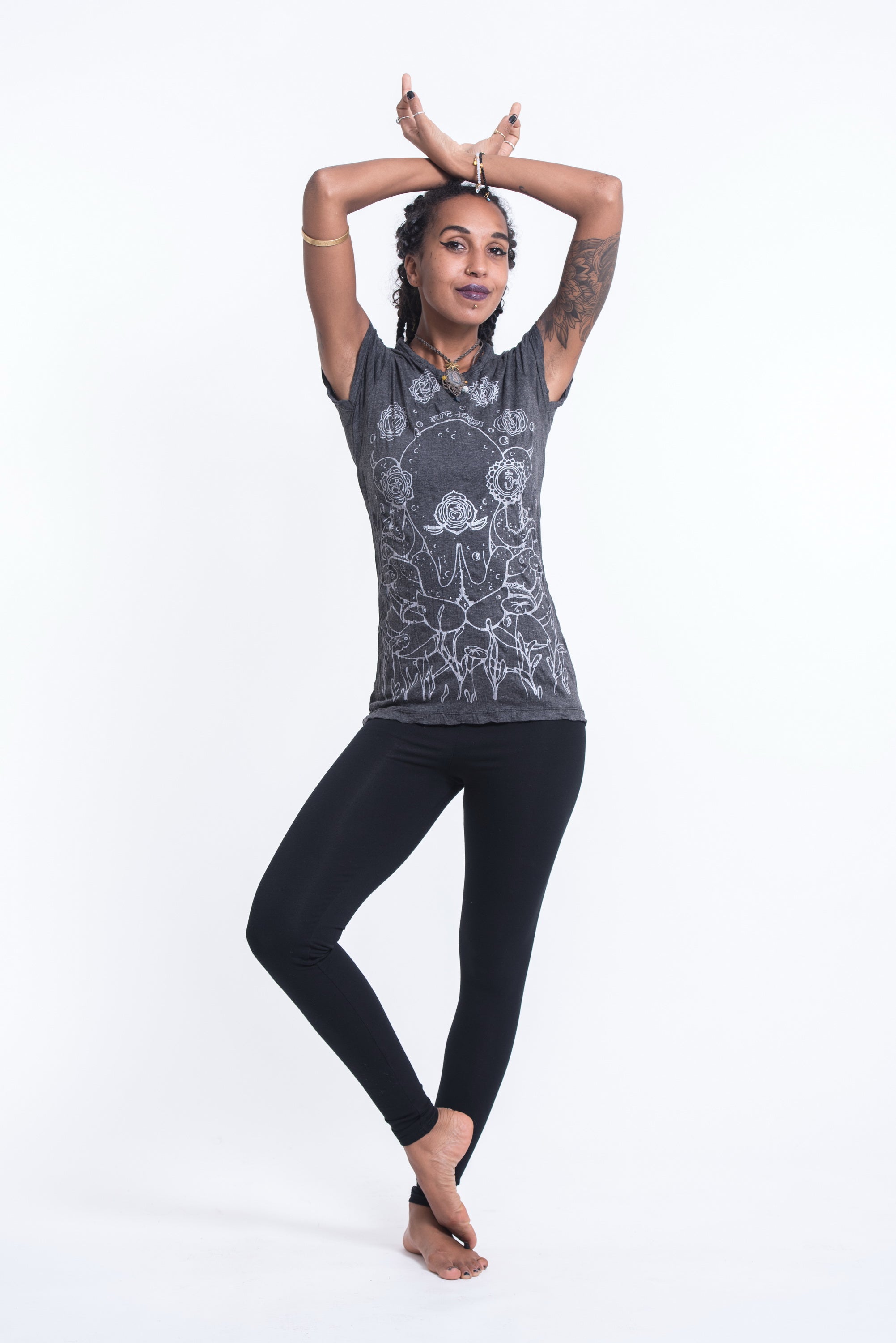 Sure Design Womens Octopus Chakras T-Shirt Silver on Black