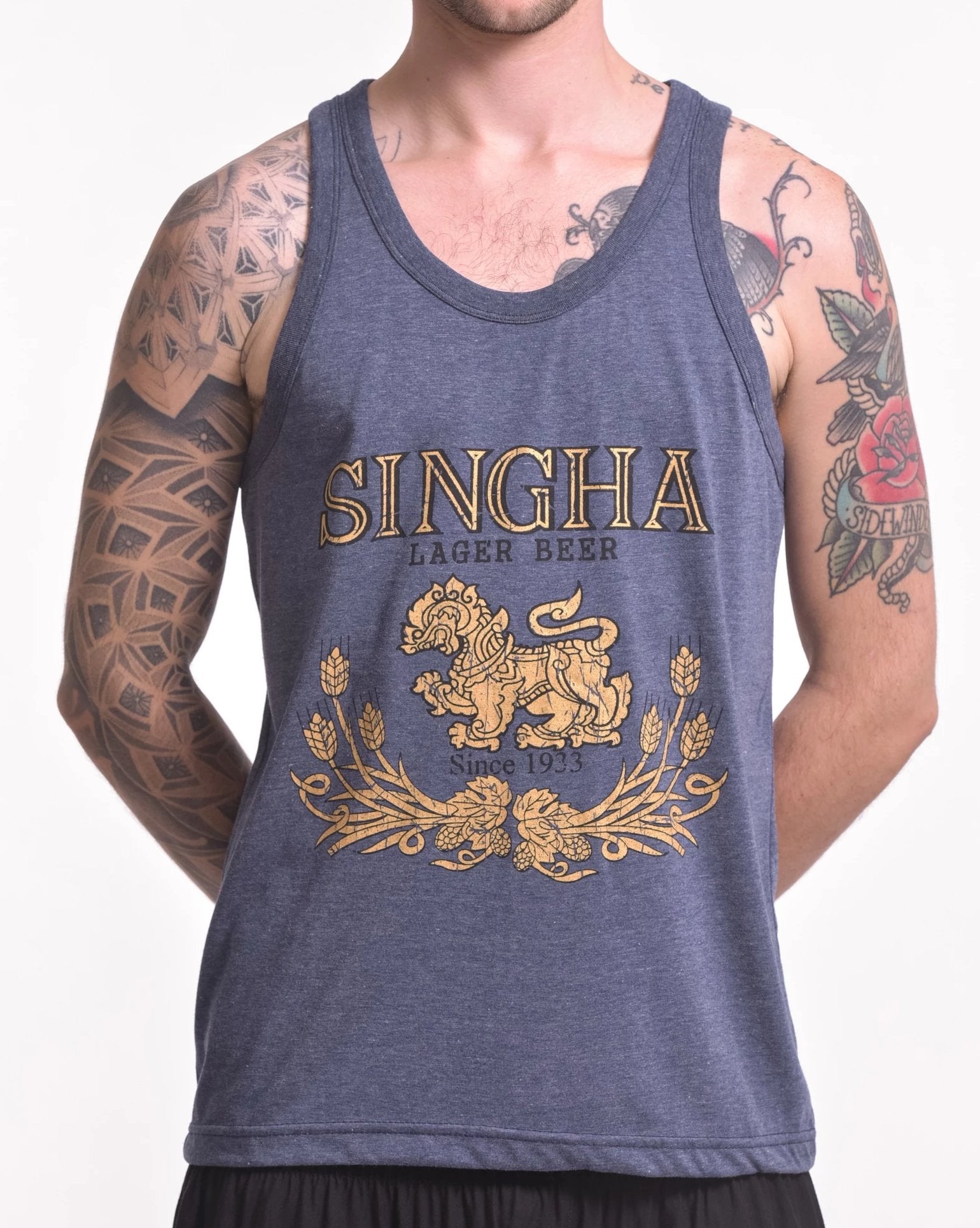 Men's Singha Beer Tank Top Denim Blue – Sure Design