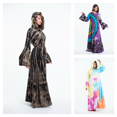 Assorted set of 3 Tie Dye Hoodie Long Sleeve Maxi Dress