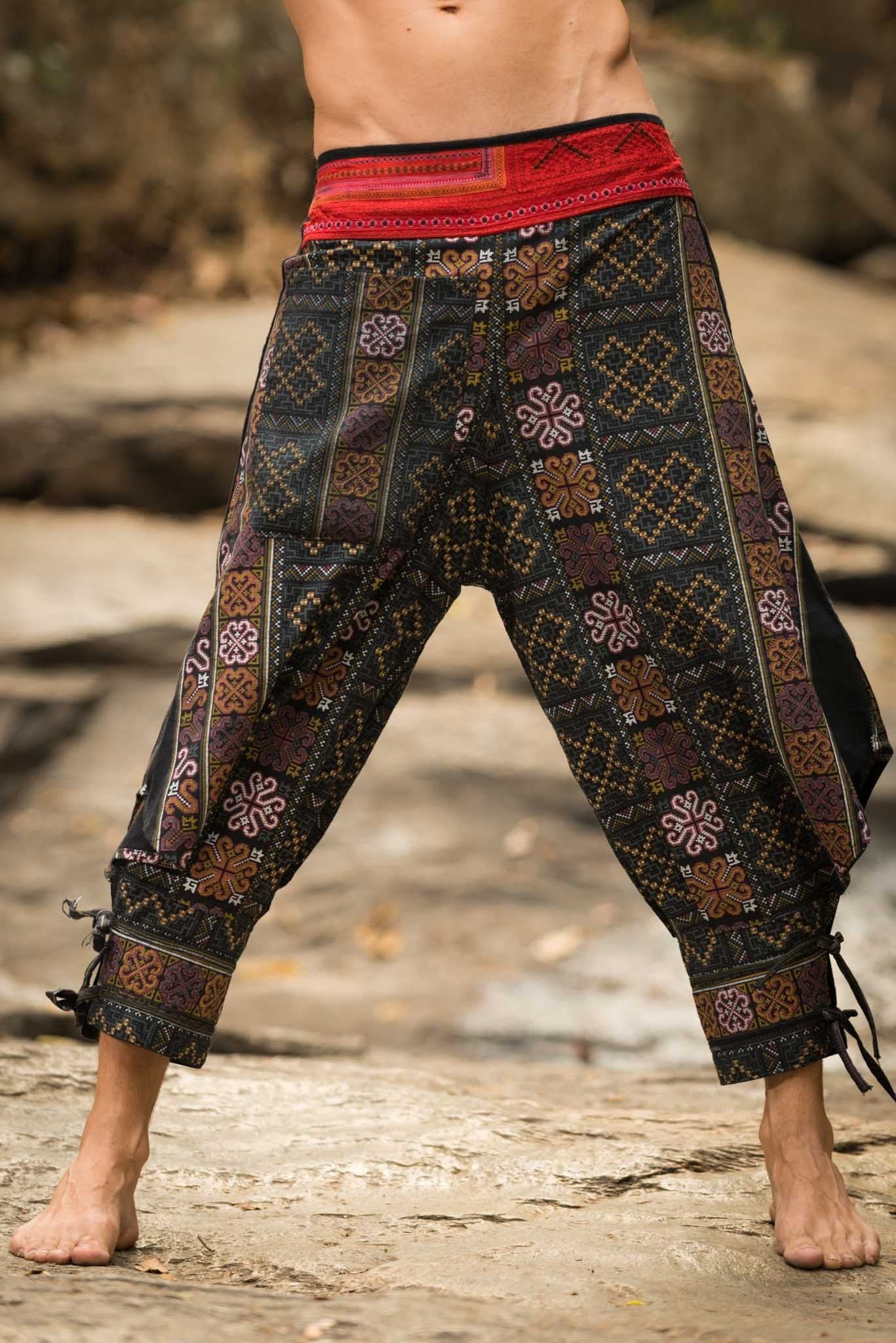 Clovers Thai Hill Tribe Fabric Unisex Harem Pants with Ankle Straps in Black