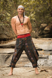 Clovers Thai Hill Tribe Fabric Unisex Harem Pants with Ankle Straps in Black