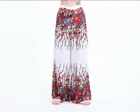 Floral Straight Cut Wide Leg Palazzo with Elastic Back Waistband in White