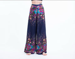 Floral Straight Cut Wide Leg Palazzo with Elastic Back Waistband in Blue