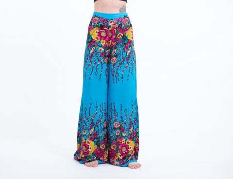 Floral Straight Cut Wide Leg Palazzo with Elastic Back Waistband in Ocean Blue