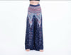 Peacock Feathers Straight Cut Wide Leg Palazzo with Elastic Back Waistband in Blue