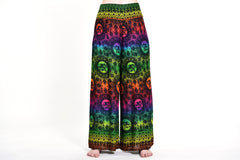 Rainbow Elephant Straight Cut Wide Leg Palazzo with Elastic Back Waistband in Green