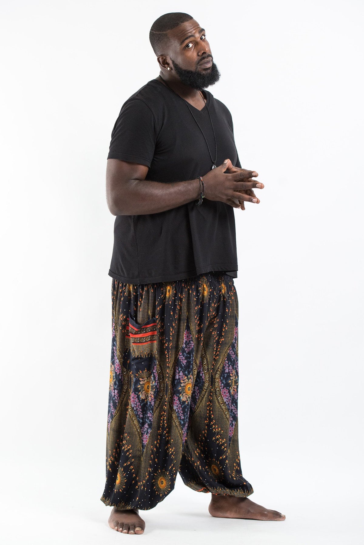Plus Size Peacock Eye Unisex Harem Pants in Black