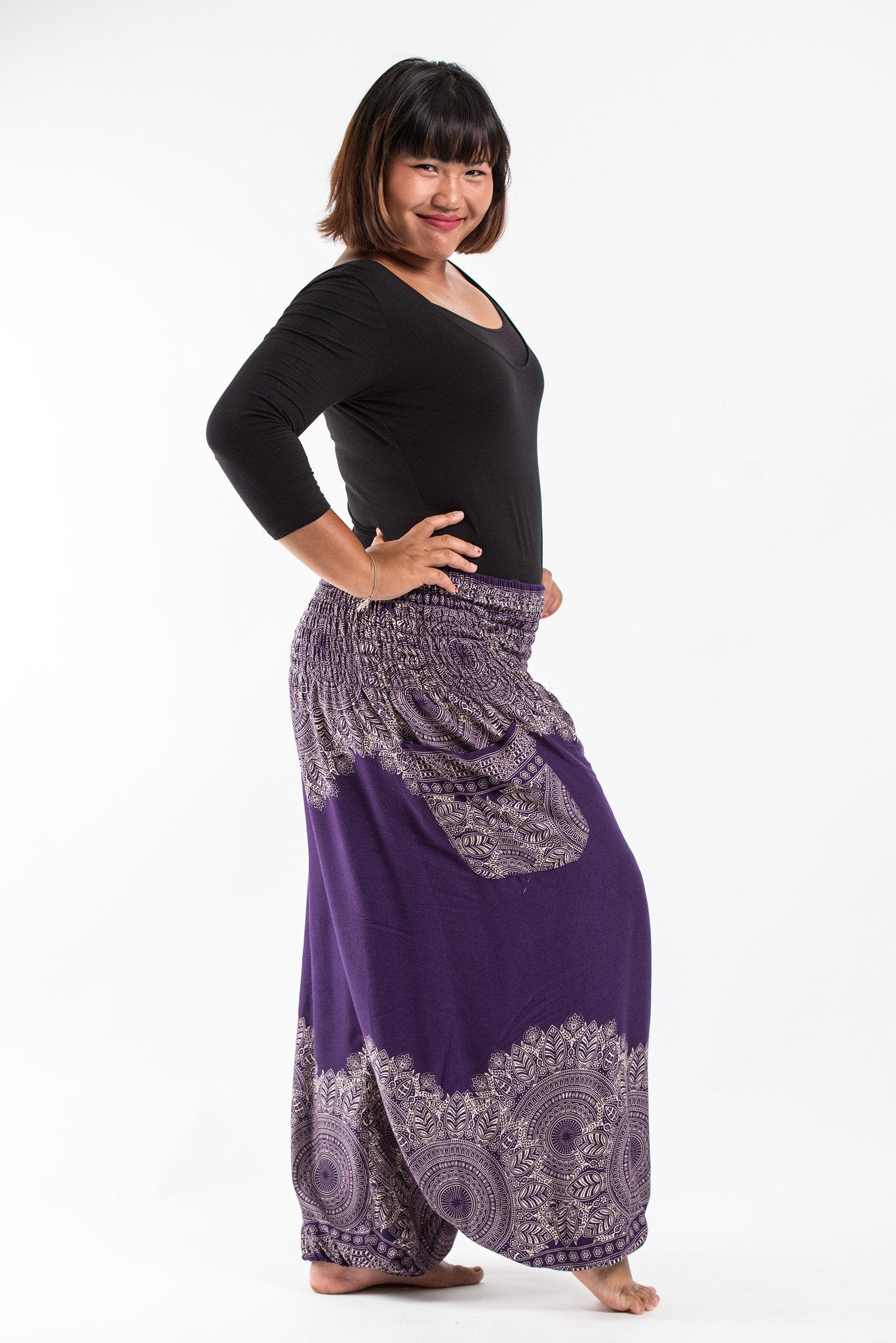 Plus Size Floral Mandalas Unisex Harem Pants in Purple