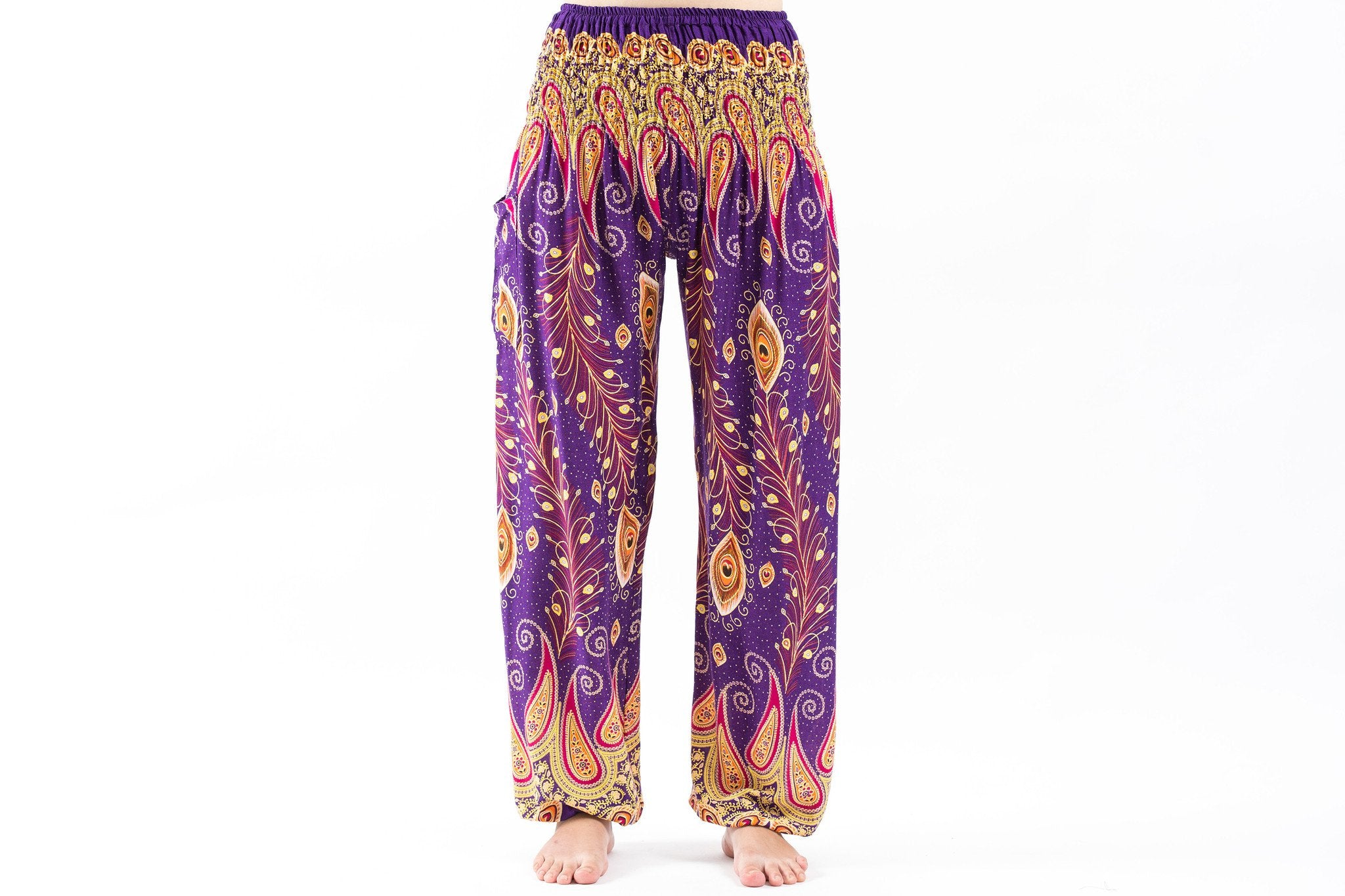 Peacock Paisley Unisex Harem Pants in Purple