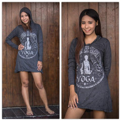 Sure Design Women's Yoga Stamp Hoodie Dress Silver on Black