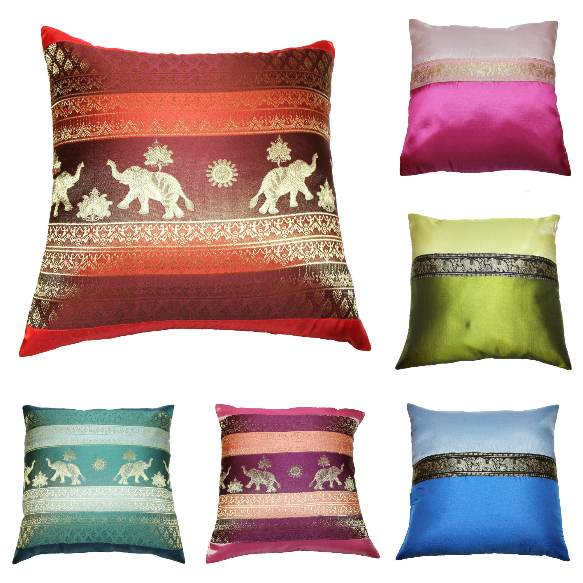 Assorted set of 6 NEW Thai Silk Elephant Pillow covers