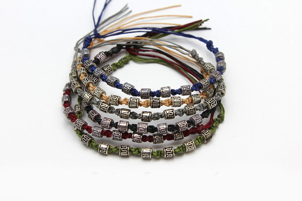Assorted 10 Piece Set Hand Made Thai Waxed Cotton Woven Bracelet With Tribal Beads