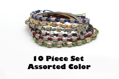 Assorted 10 Piece Set Hand Made Thai Waxed Cotton Woven Bracelet With Tribal Beads