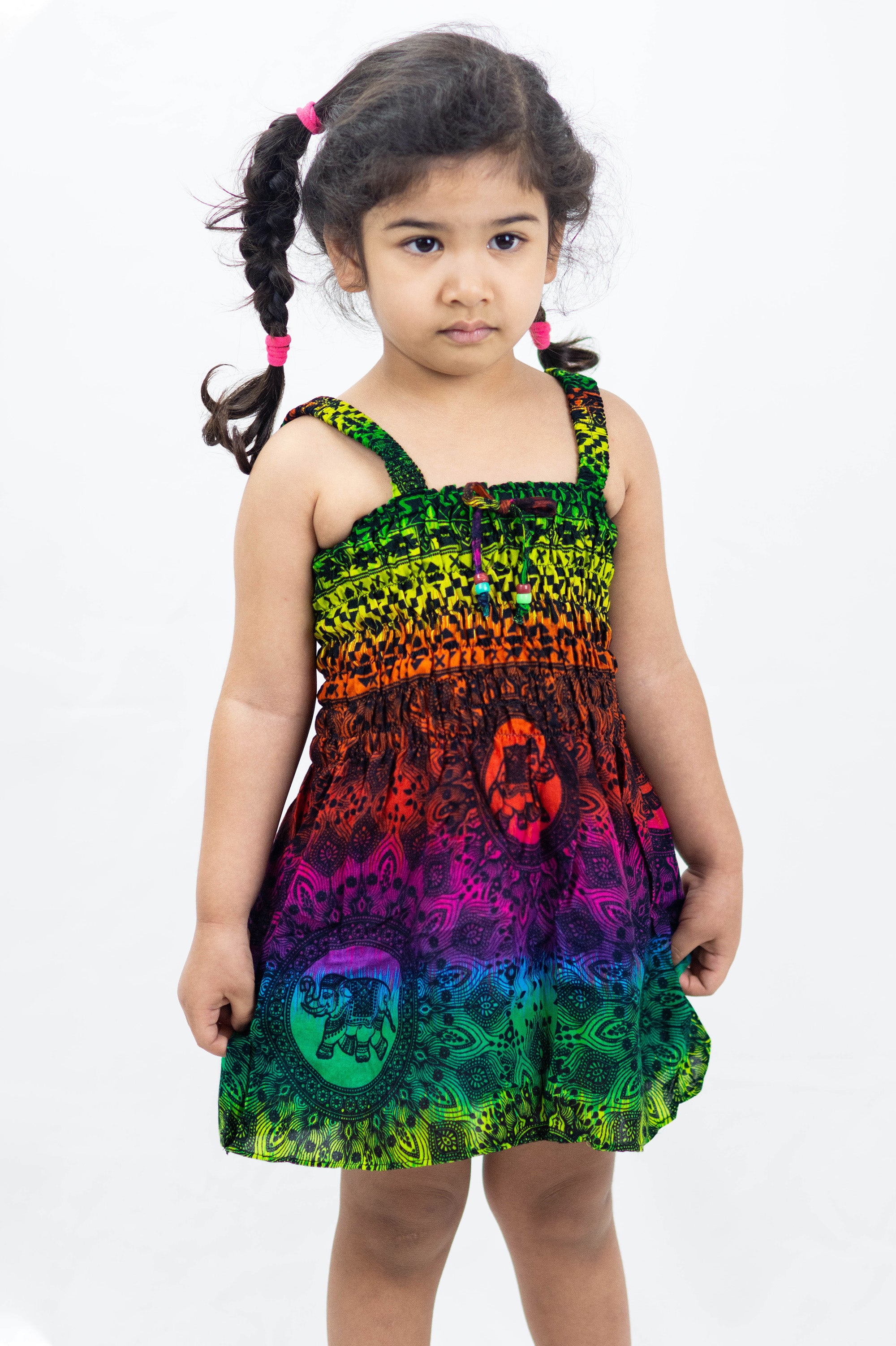 Kids Rainbow Elephant Tank Dress in Green