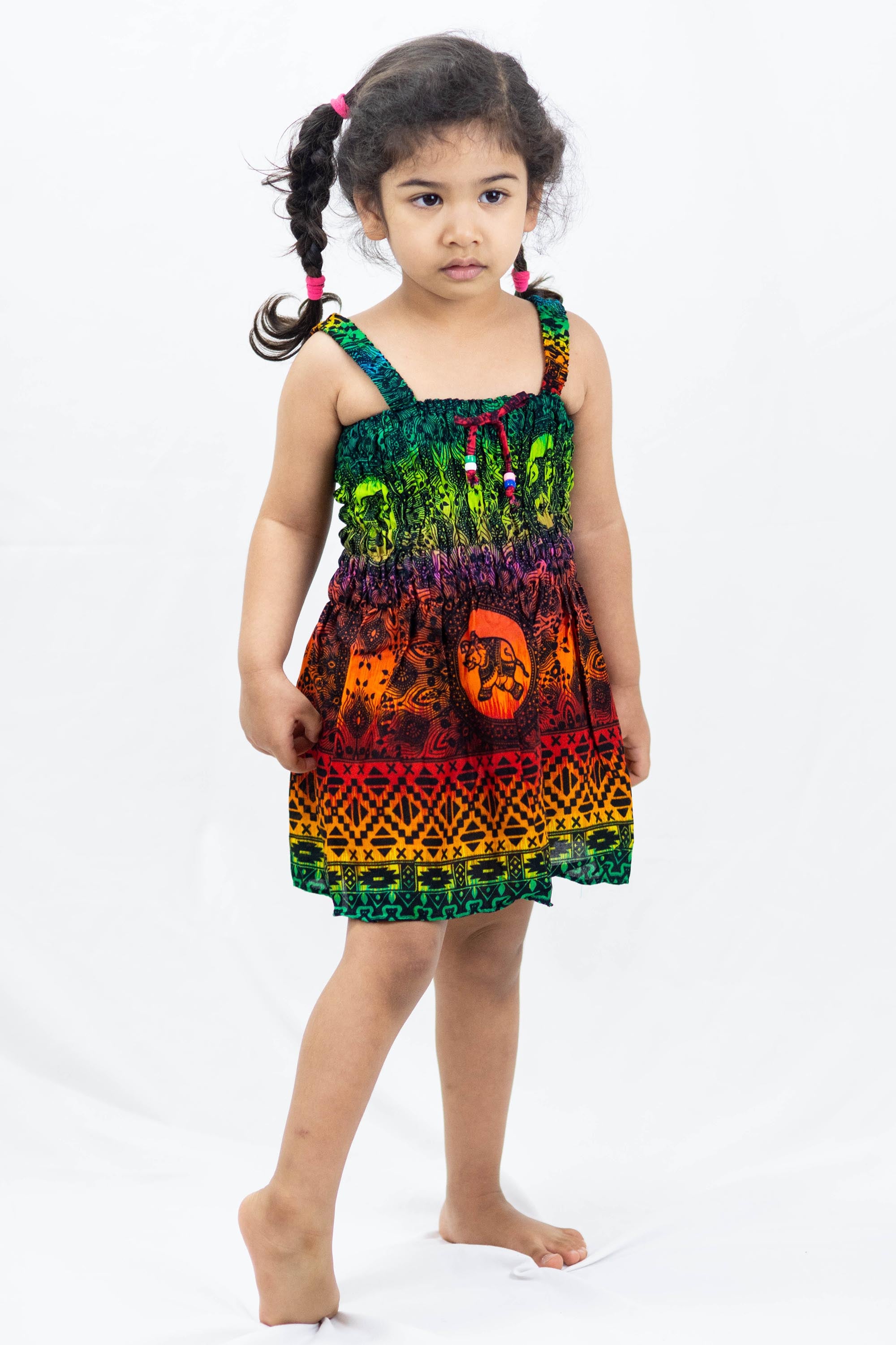 Kids Rainbow Elephant Tank Dress in Orange