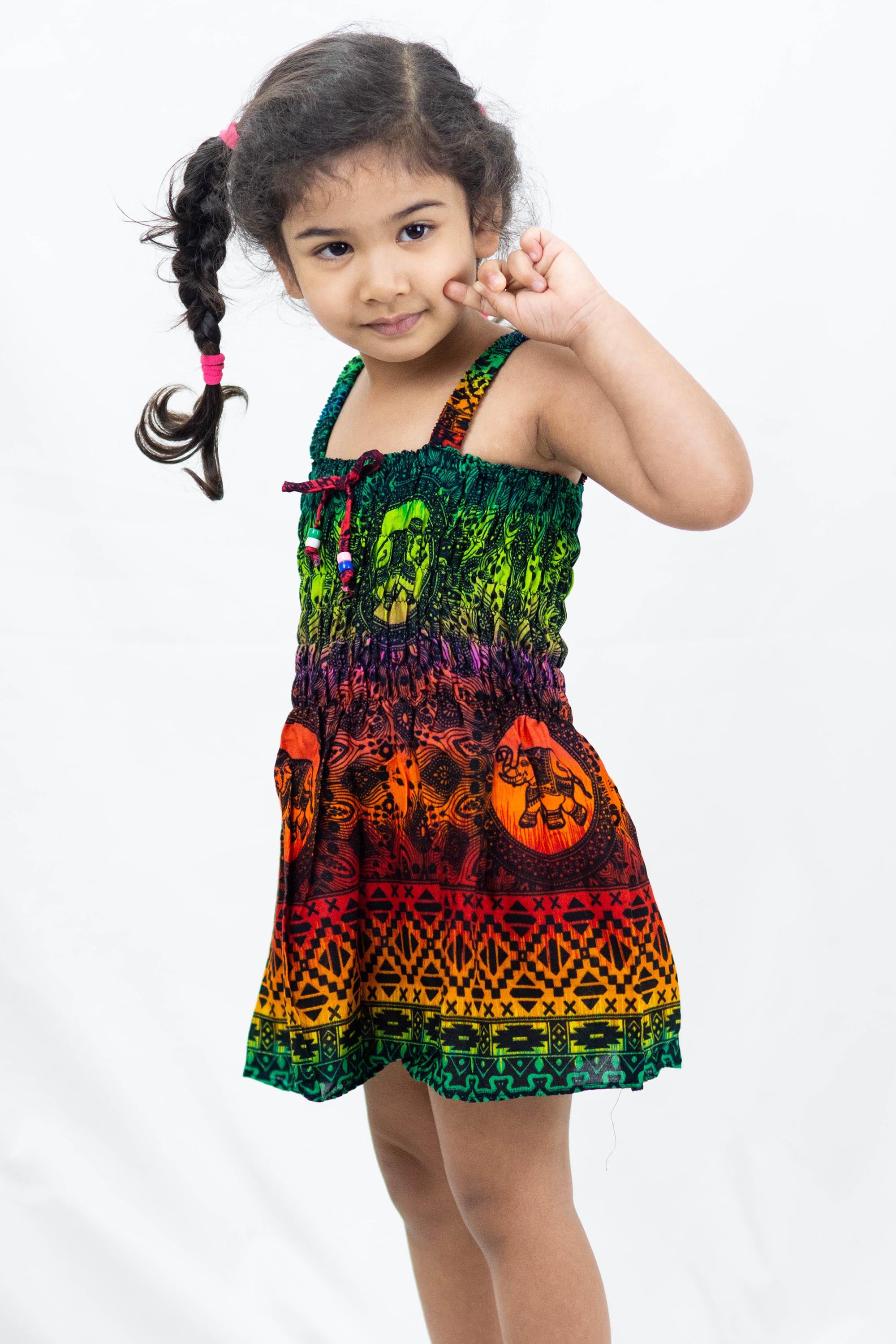 Kids Rainbow Elephant Tank Dress in Orange