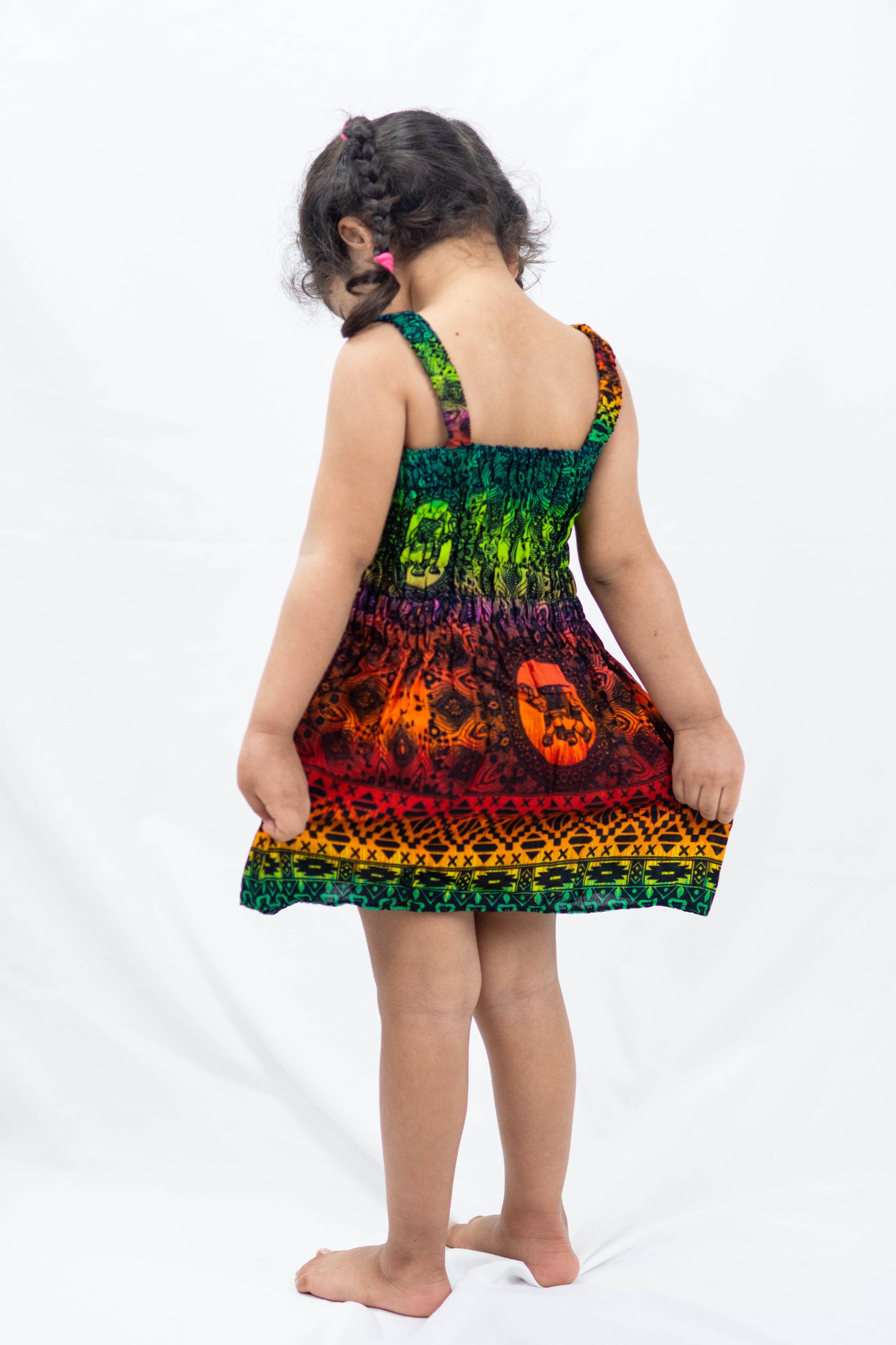 Kids Rainbow Elephant Tank Dress in Orange