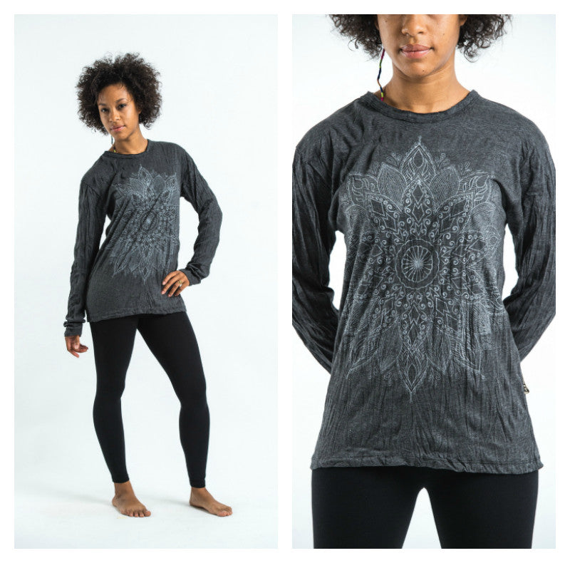 Sure Design Unisex Lotus Mandala Long Sleeve T-Shirt Silver on Black