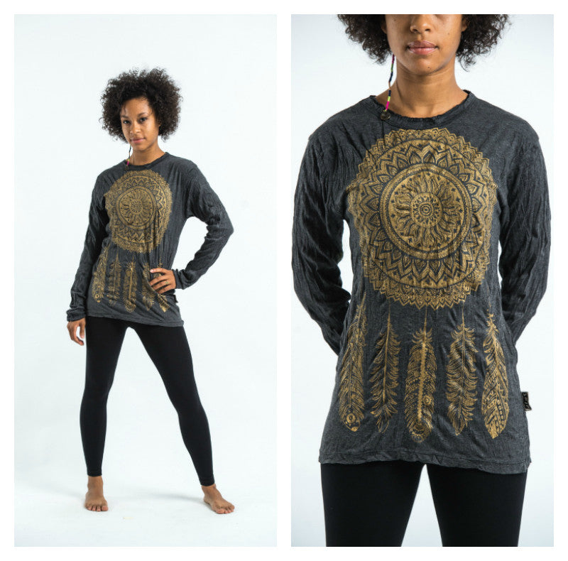 Sure Design Unisex Dreamcatcher Long Sleeve T-Shirt Gold on Black