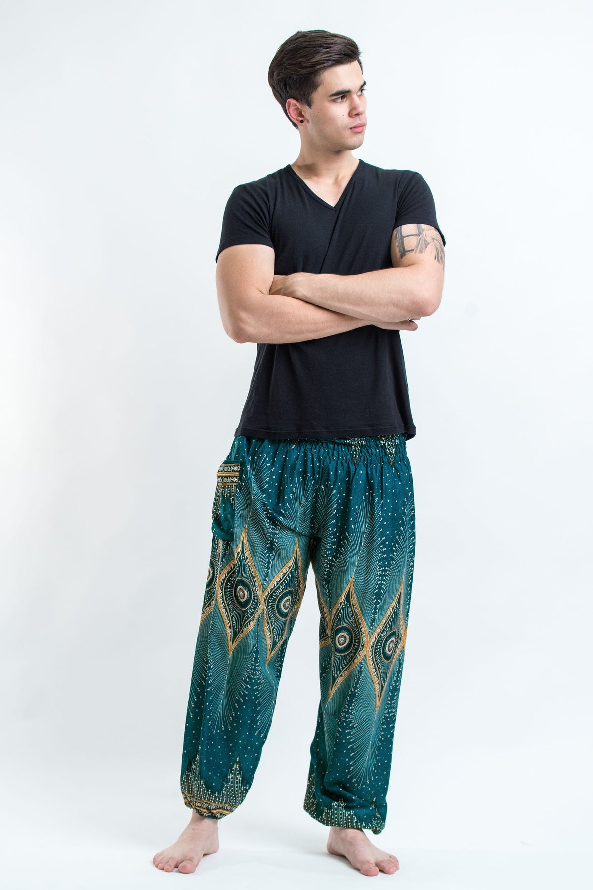 Diamond Peacock Unisex Harem Pants in Turquoise