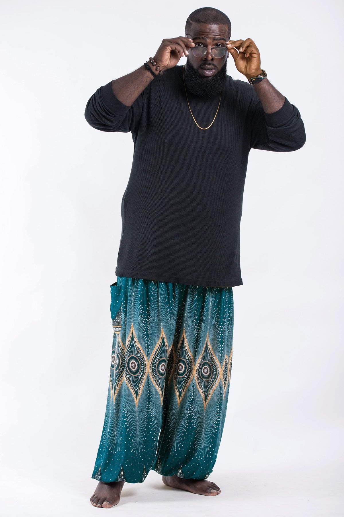 Plus Size Diamond Peacock Unisex Harem Pants in Turquoise