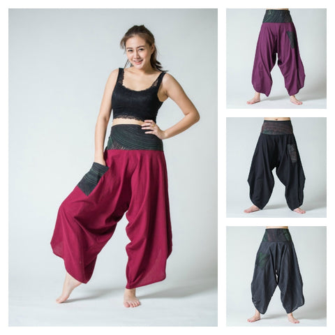 Assorted Set of 5 Women's Thai Button Up Cotton Pants with Hill Tribe Trim