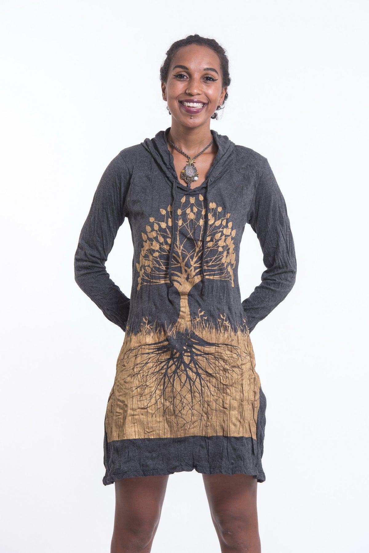 Sure Design Women's Tree of Life Hoodie Dress Gold on Black