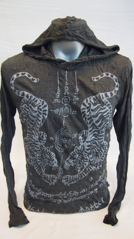 Sure Design Unisex Thai Tattoo Hoodie Silver on Black