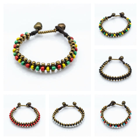 Assorted set of 5 Hand Made Fair Trade Waxed String Bracelet With Brass And Glass Beads