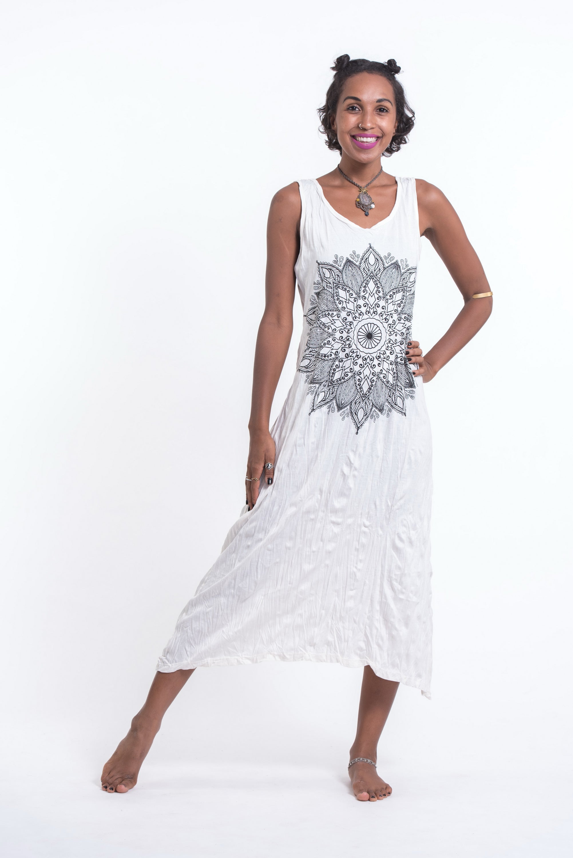 Sure Design Womens Lotus Mandala Scoop Neck Tank Dress White