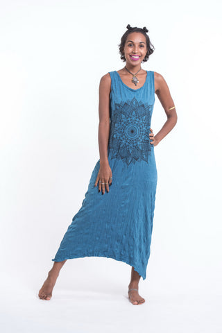 Sure Design Womens Lotus Mandala Scoop Neck Tank Dress Denim Blue