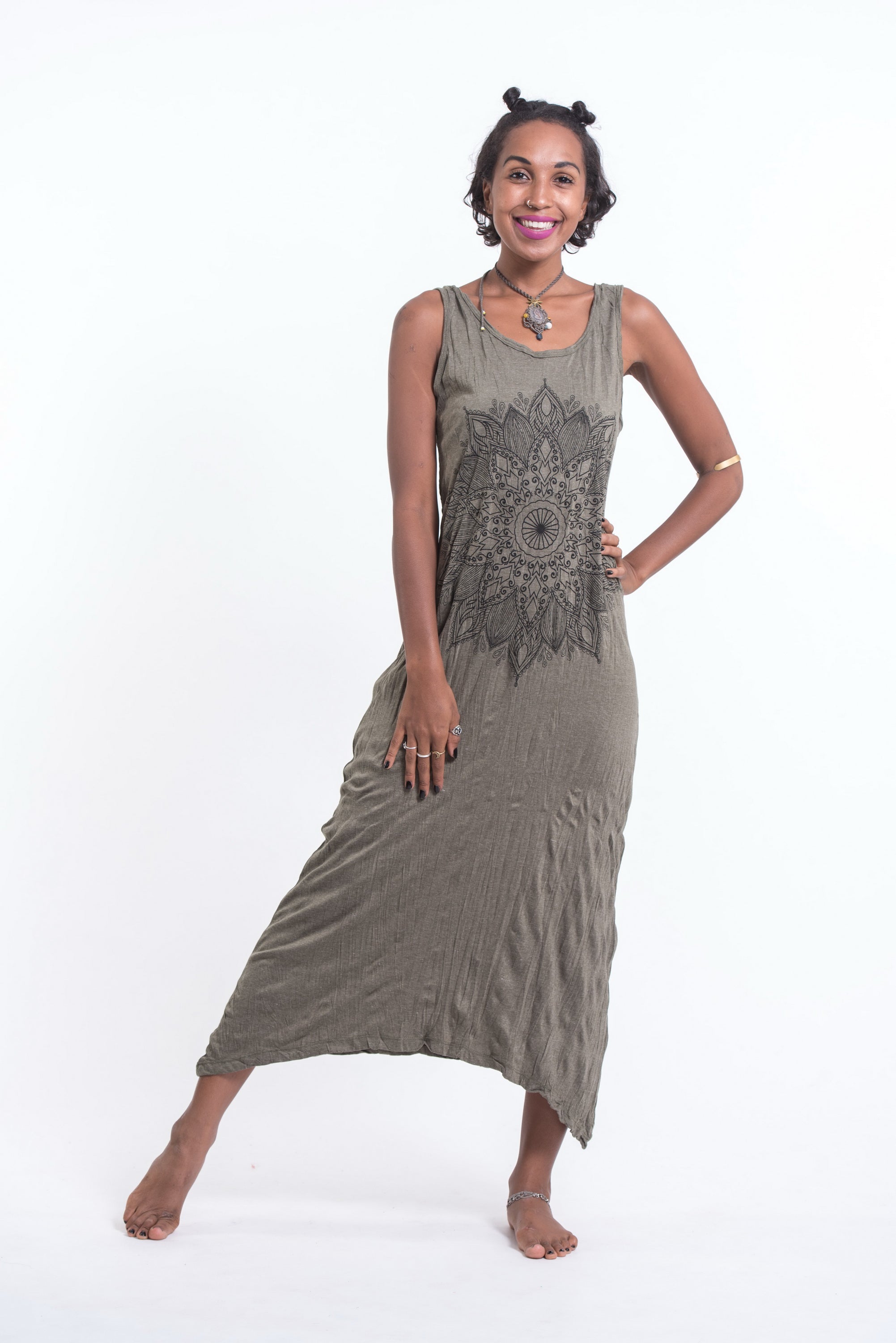 Sure Design Womens Lotus Mandala Scoop Neck Tank Dress Green