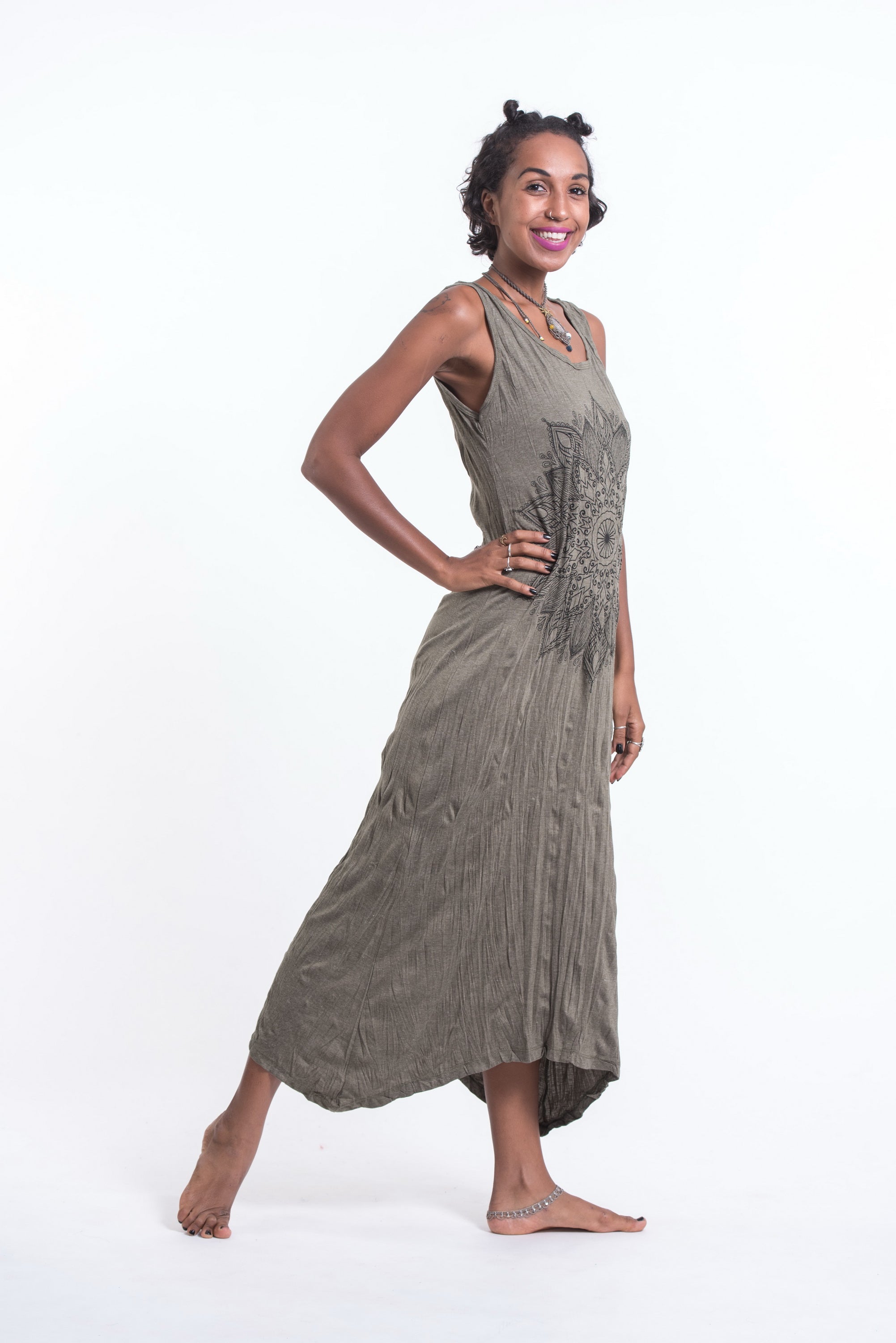 Sure Design Womens Lotus Mandala Scoop Neck Tank Dress Green