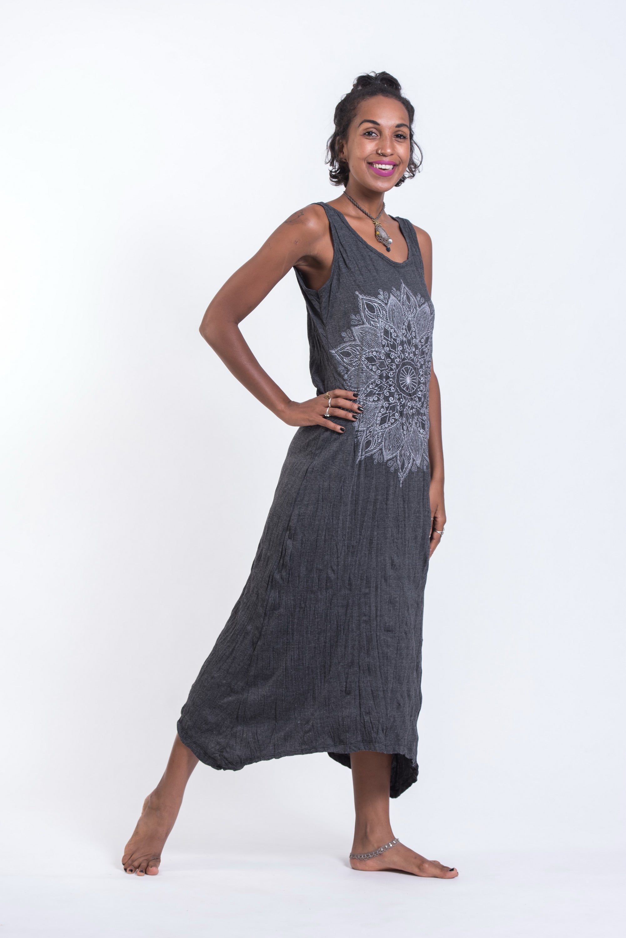 Sure Design Womens Lotus Mandala Scoop Neck Tank Dress Silver on Black