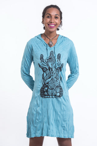 Sure Design Women's See No Evil Buddha Hoodie Dress Turquoise
