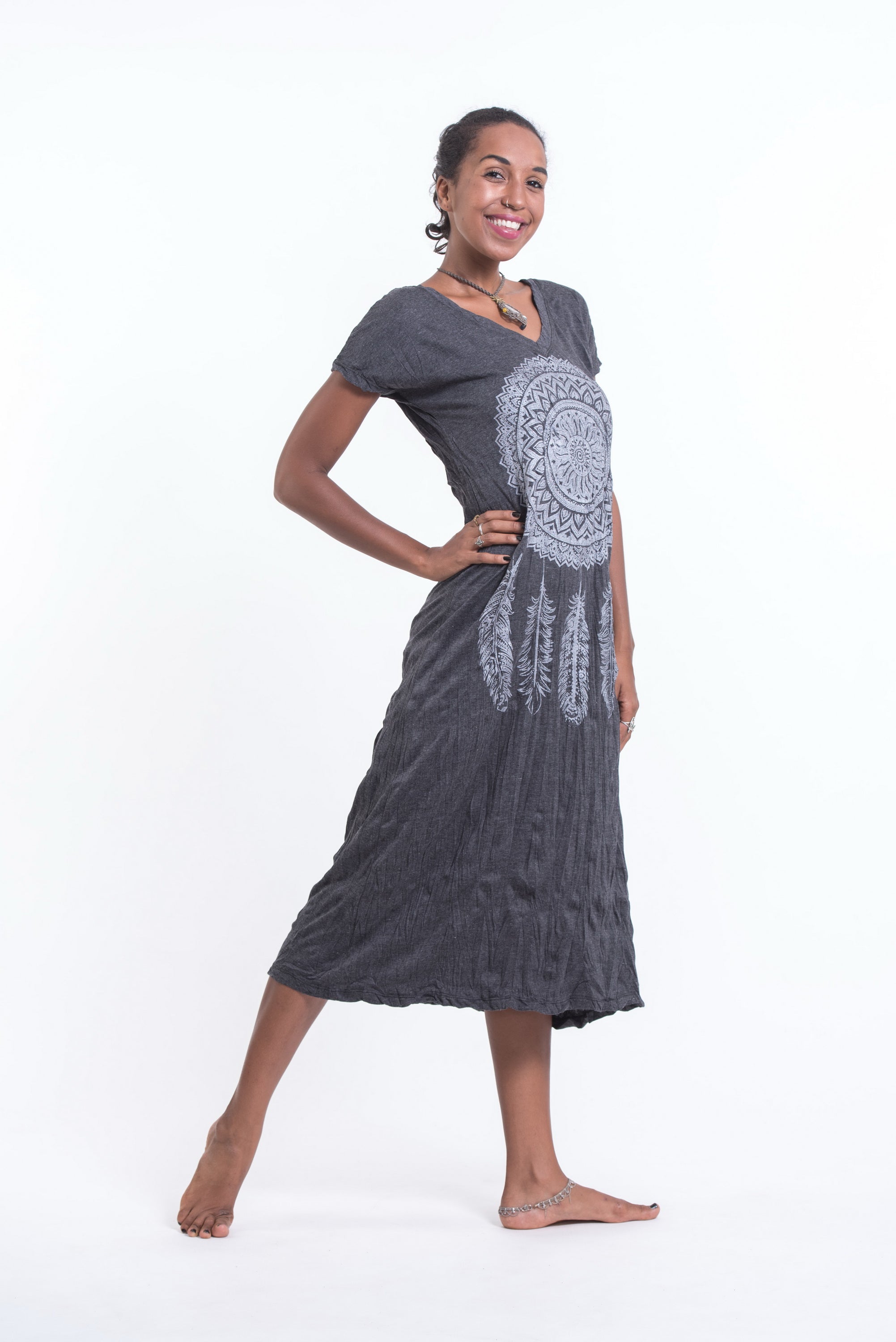 Sure Design Womens Dreamcatcher V Neck Tee Dress Silver on Black