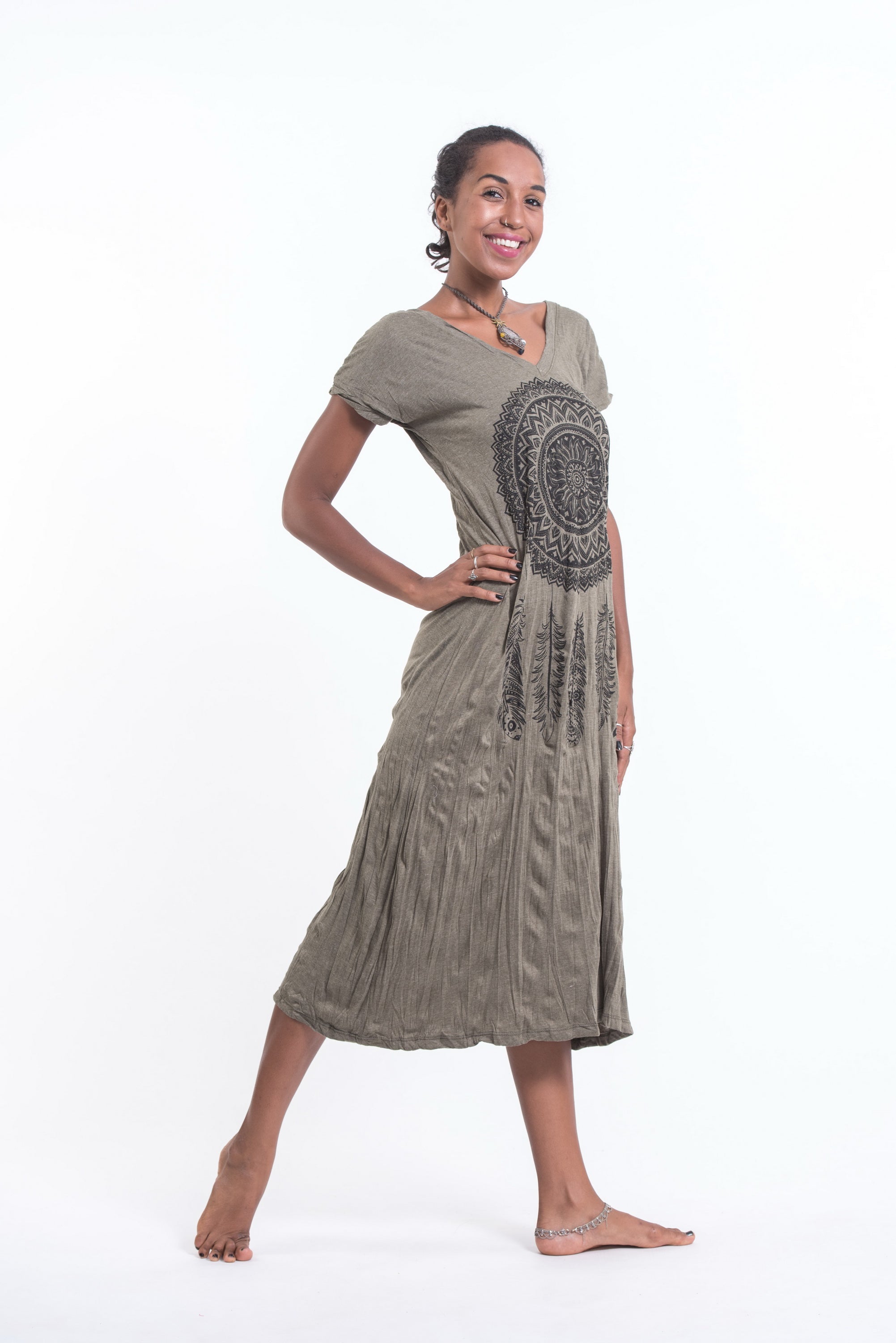 Sure Design Womens Dreamcatcher V Neck Tee Dress Green