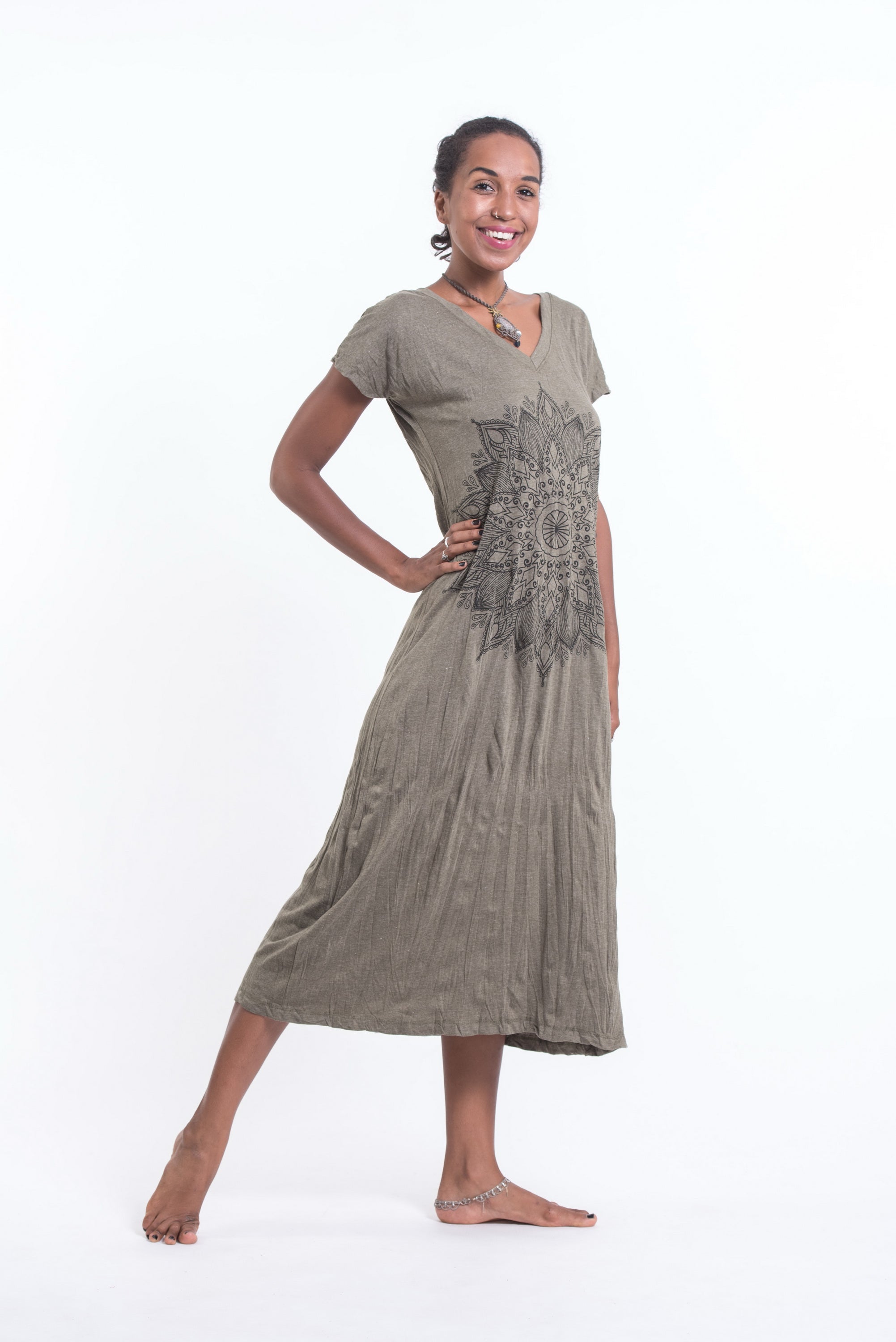 Sure Design Womens Lotus Mandala V Neck Tee Dress Green