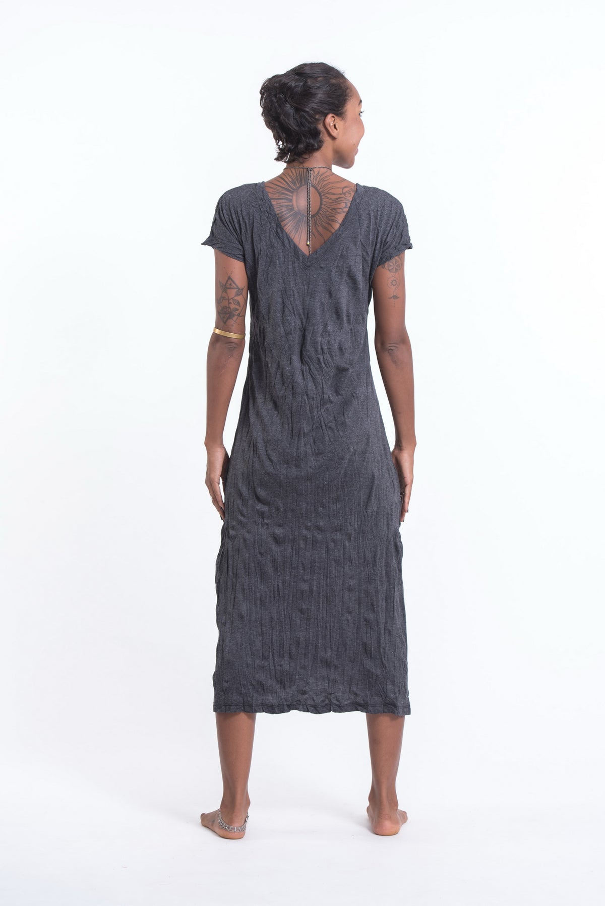 Sure Design Womens Infinitee Ohm V Neck Tee Dress Silver on Black