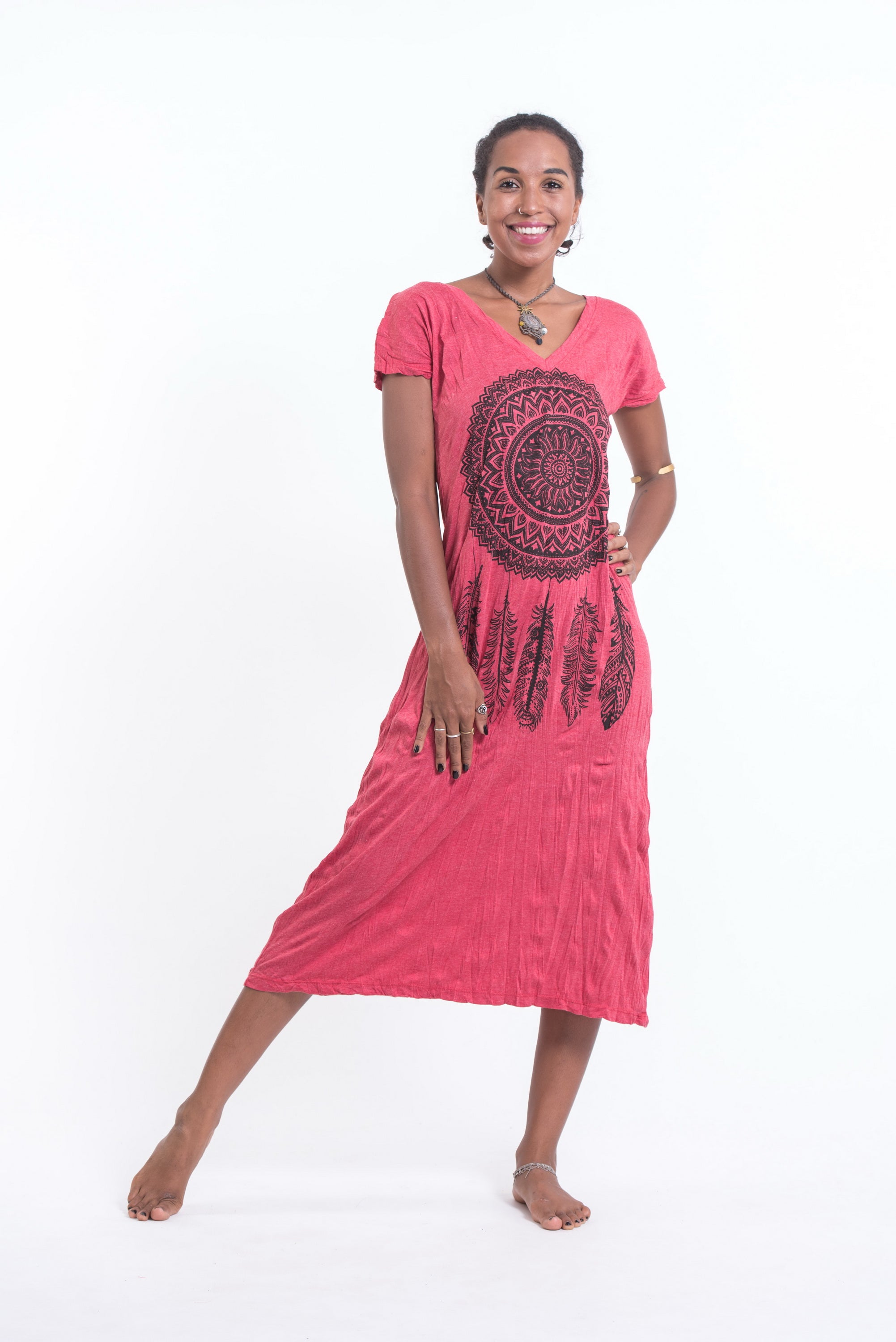 Sure Design Womens Dreamcatcher V Neck Tee Dress Red