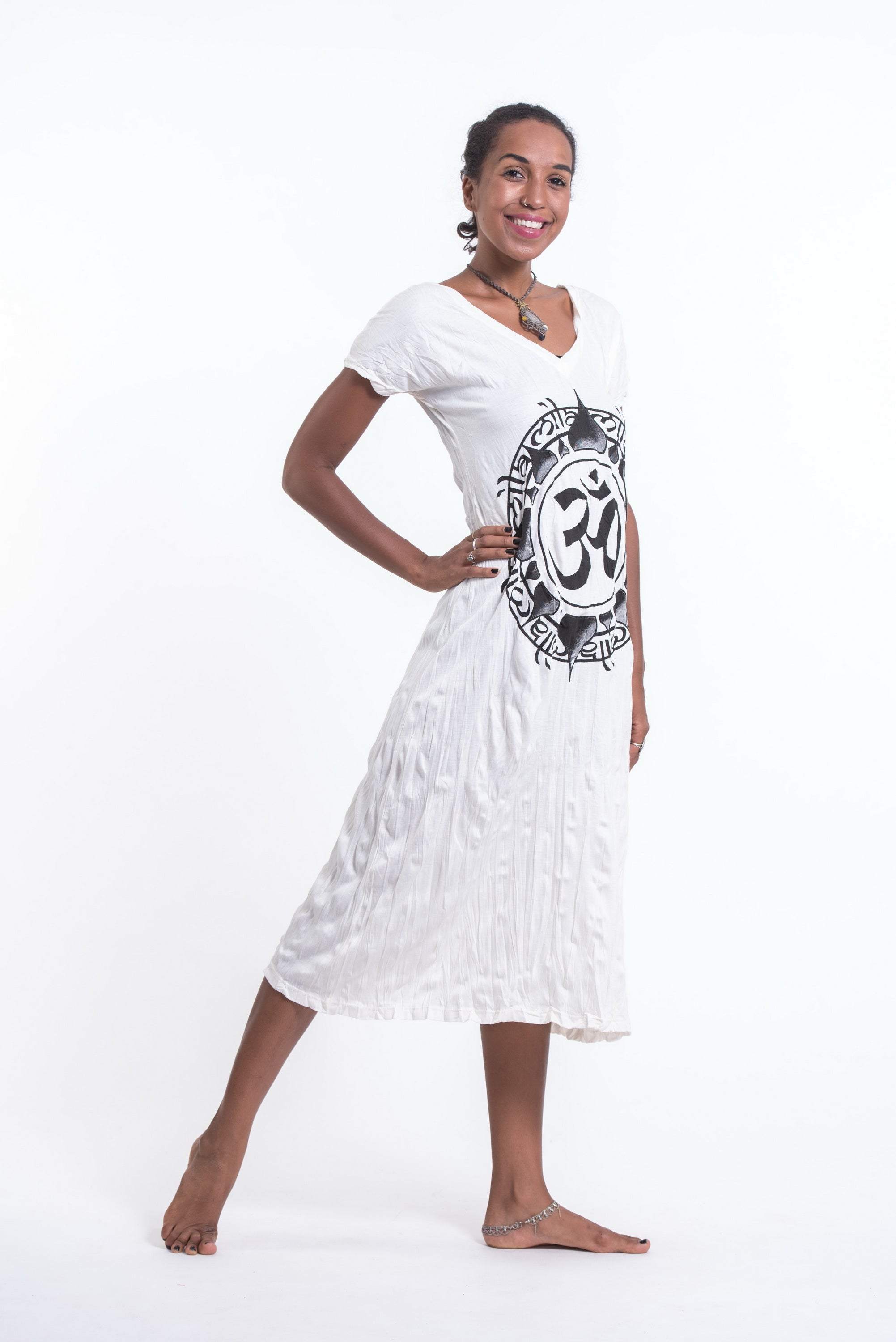 Sure Design Womens Infinitee Ohm V Neck Tee Dress White
