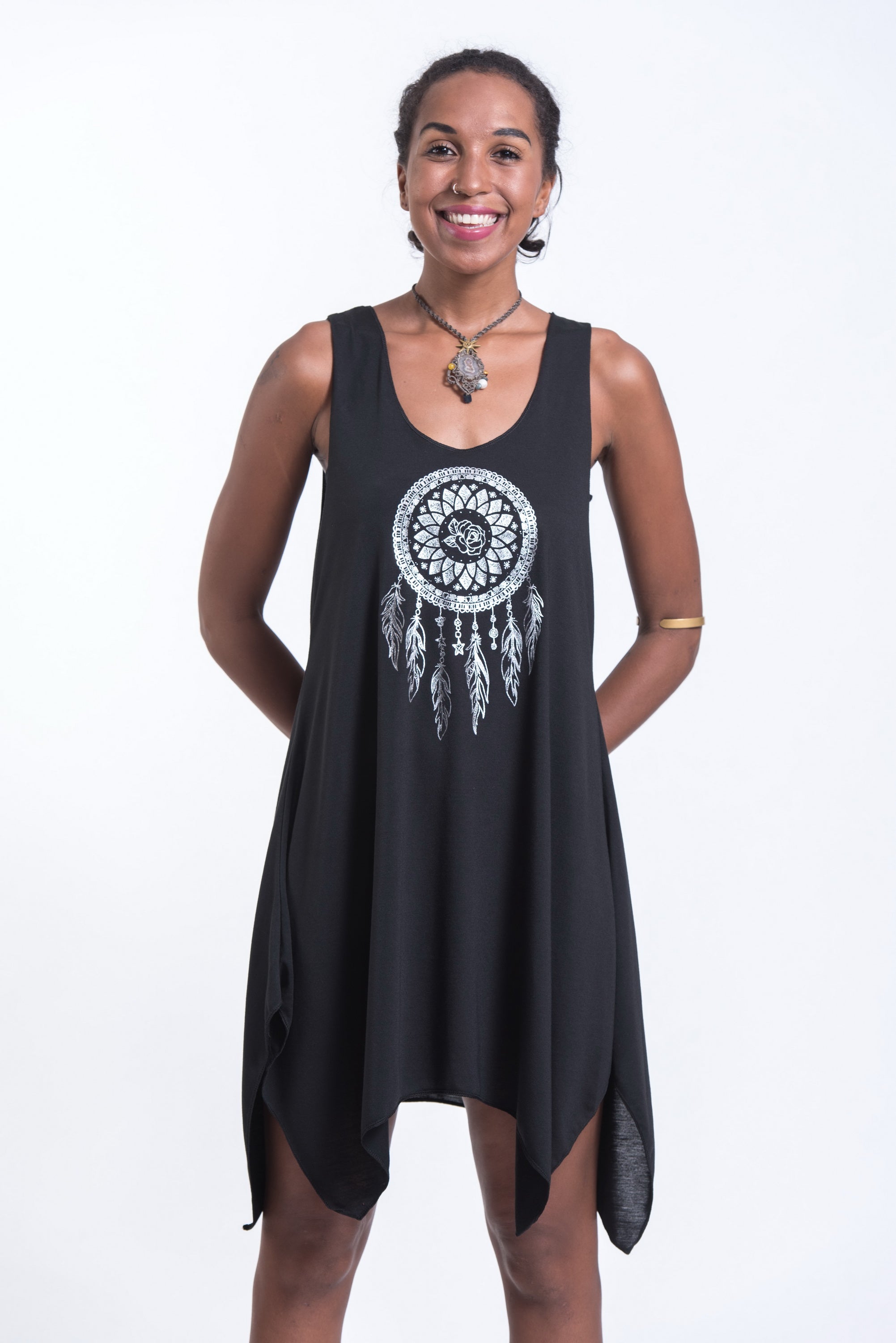 Super Soft Cotton Dreamcatcher Tank Dress Silver on Black
