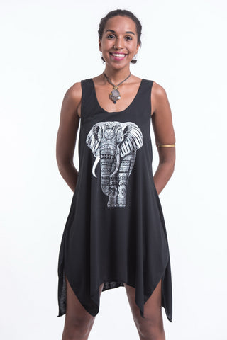 Super Soft Cotton Tribal Elephant Tank Dress Silver on Black